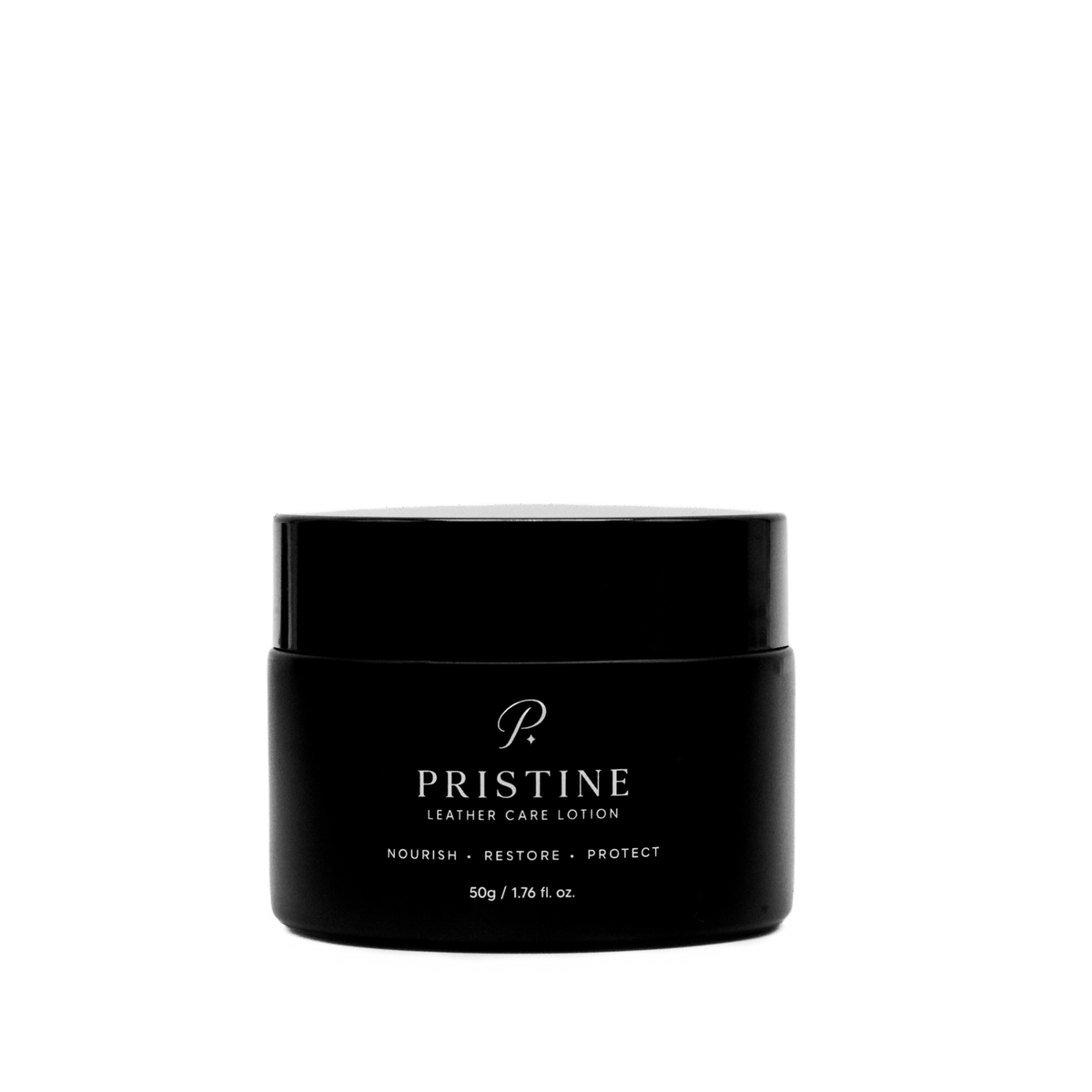 Front view of the PRISTINE Leather Care Lotion 50 g jar on a white background.
