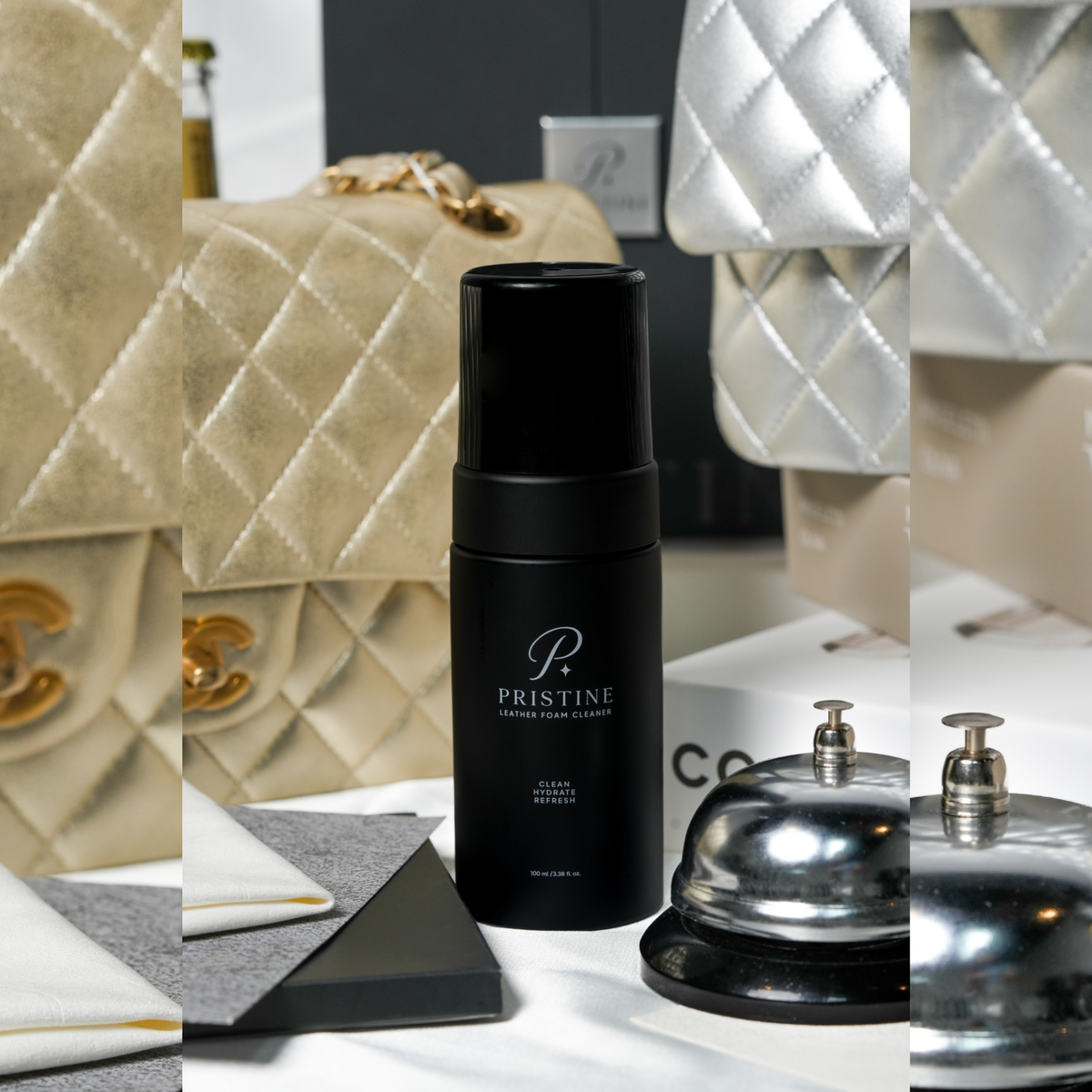 PRISTINE Leather Foam Cleaner with cream and silver quilted handbags in an editorial collage.