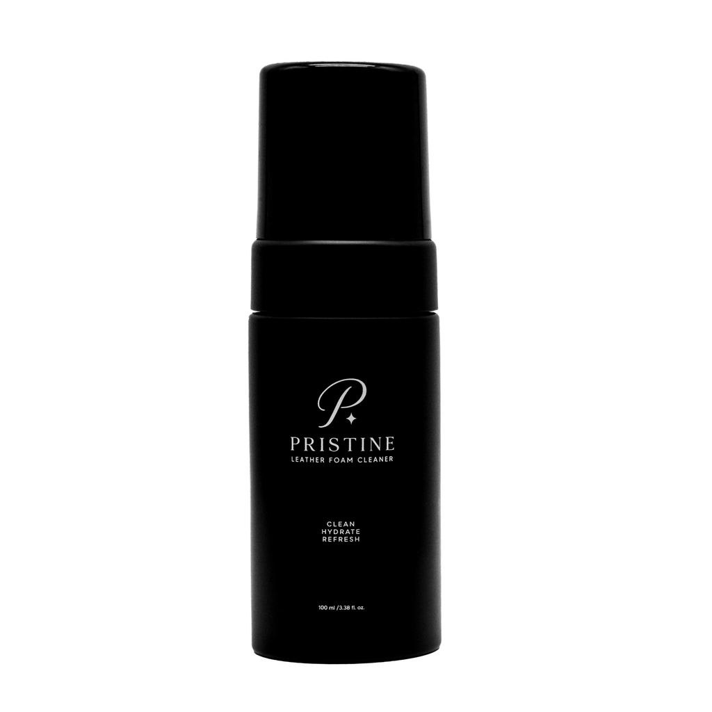 Front view of the PRISTINE Leather Foam Cleaner 100 mL bottle on a white background.